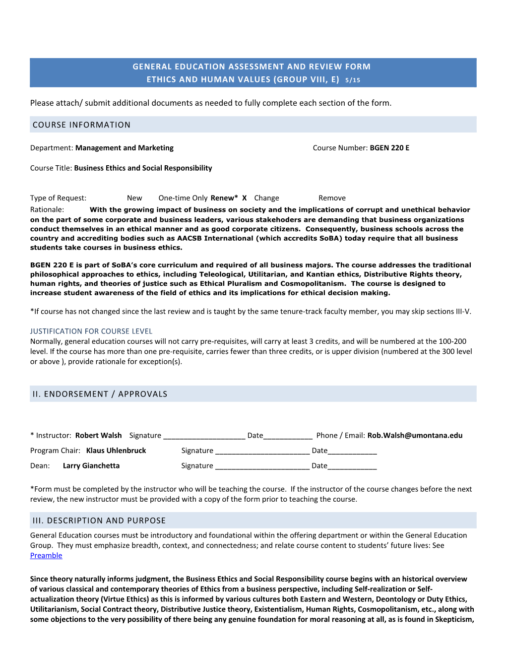 General Education Assessment and Review Form Ethics and Human Values (Group VIII, E) 5/15