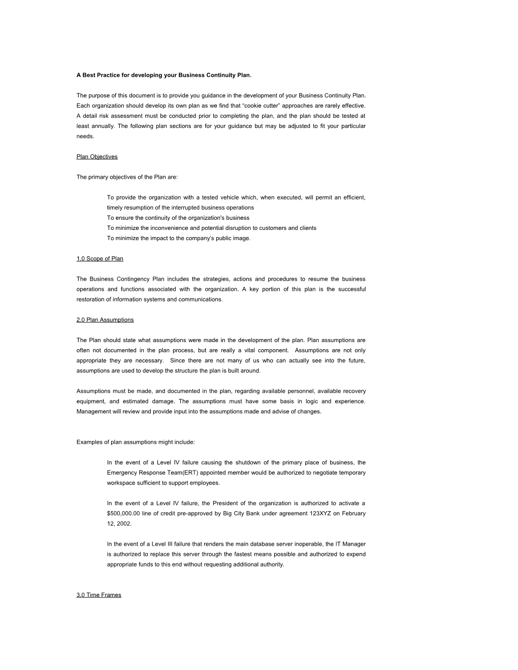 Sample Business Contingency Plan Template