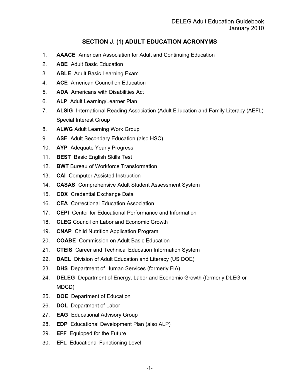 Section J. (1) Adult Education Acronyms