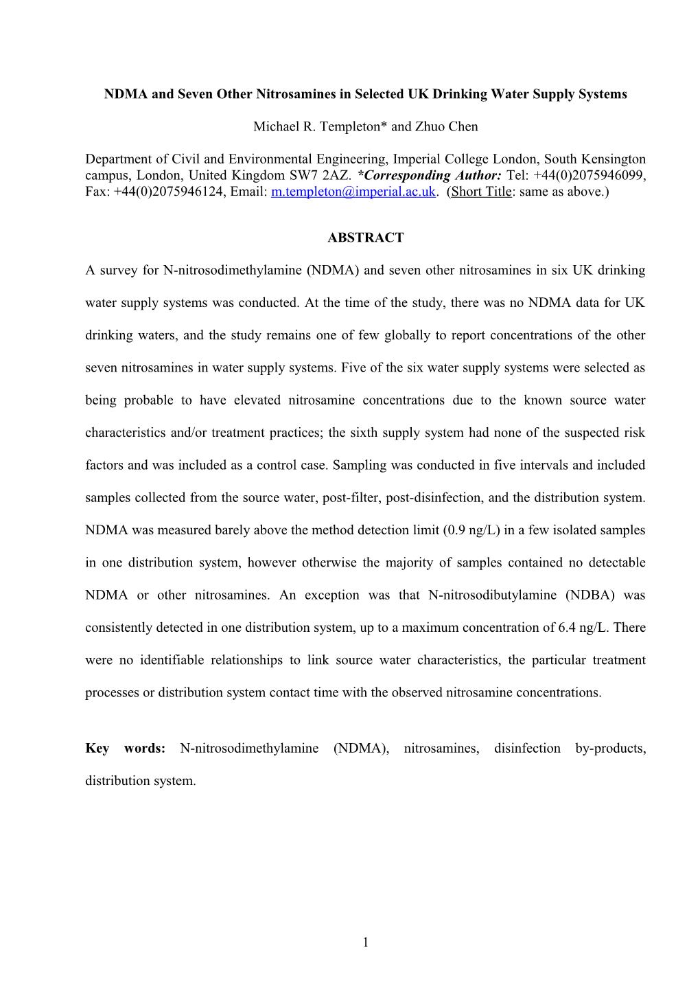 NDMA and Seven Other Nitrosamines in Selected UK Drinking Water Supply Systems