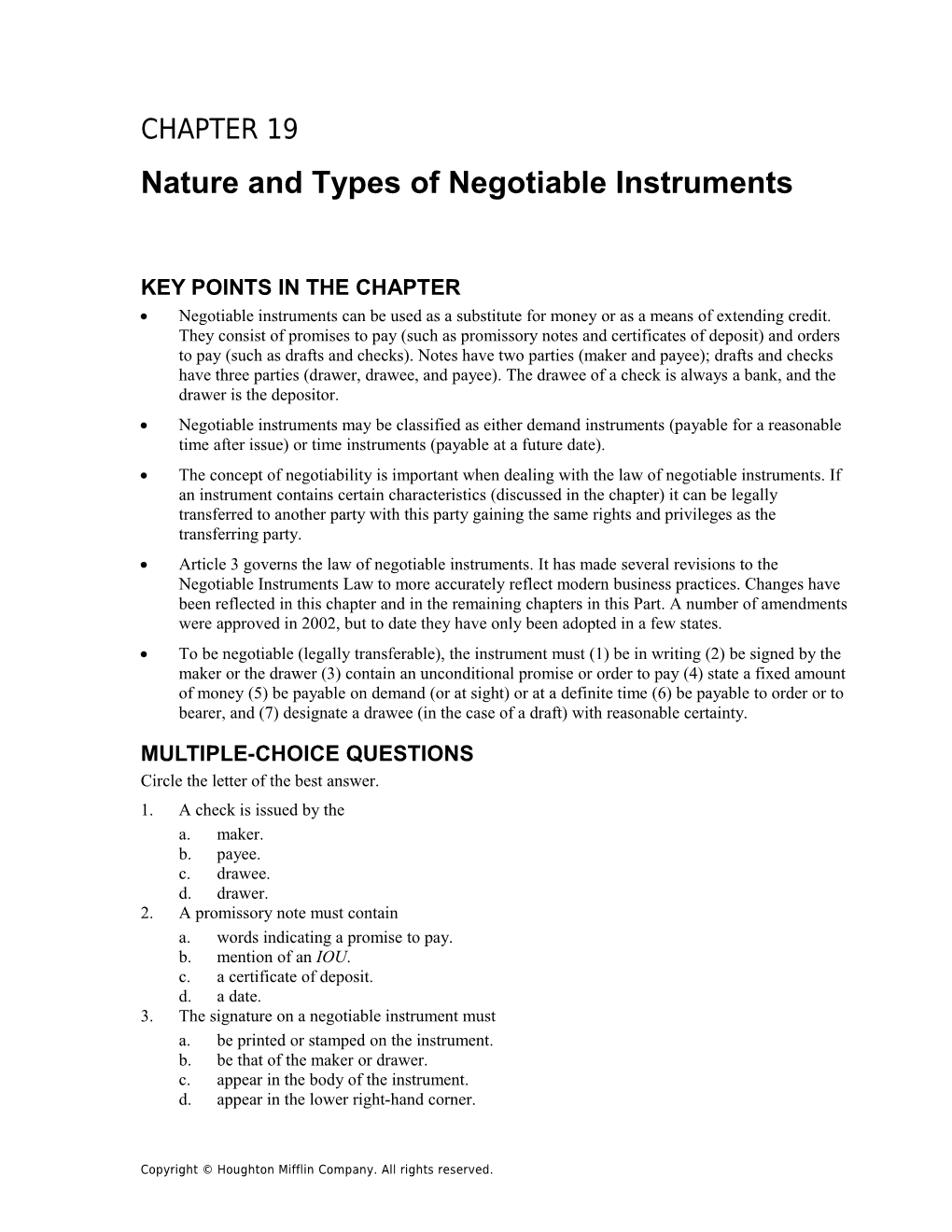 Chapter 19: Nature and Types of Negotiable Instruments 1