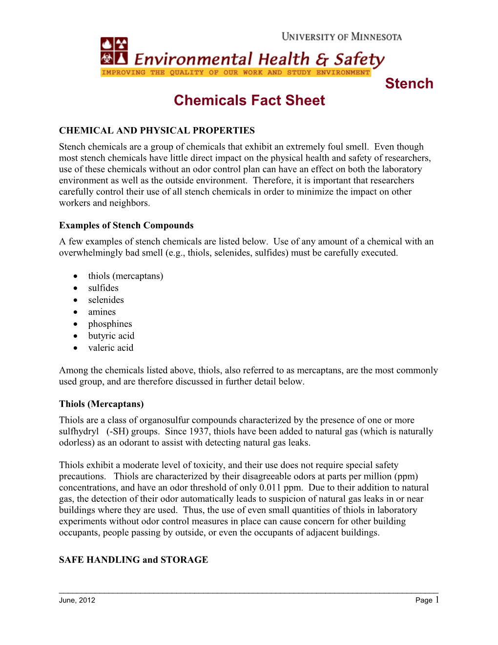 Department of Environmental Health and Safety Stench Chemicals Fact Sheet