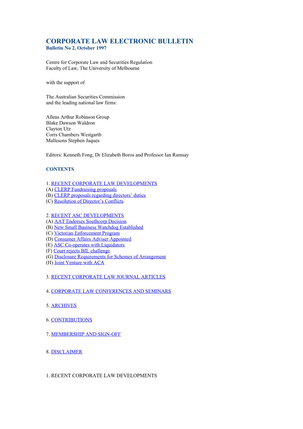 CORPORATE LAW ELECTRONIC BULLETIN Bulletin No 2, October 1997