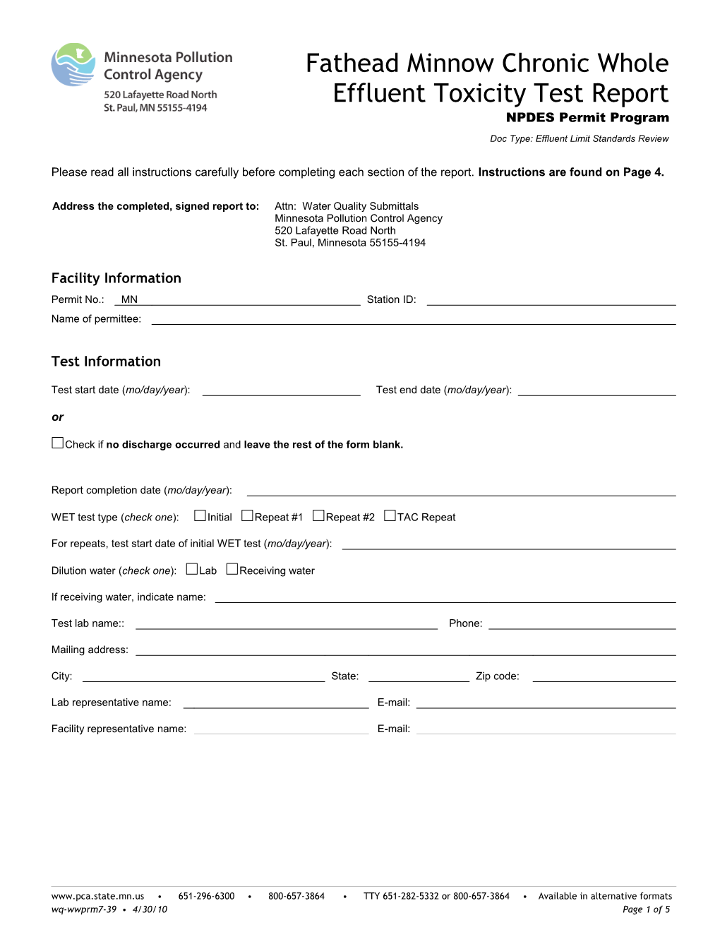 Fathead Chronic Whole Effluent Toxicity Test Report - Form