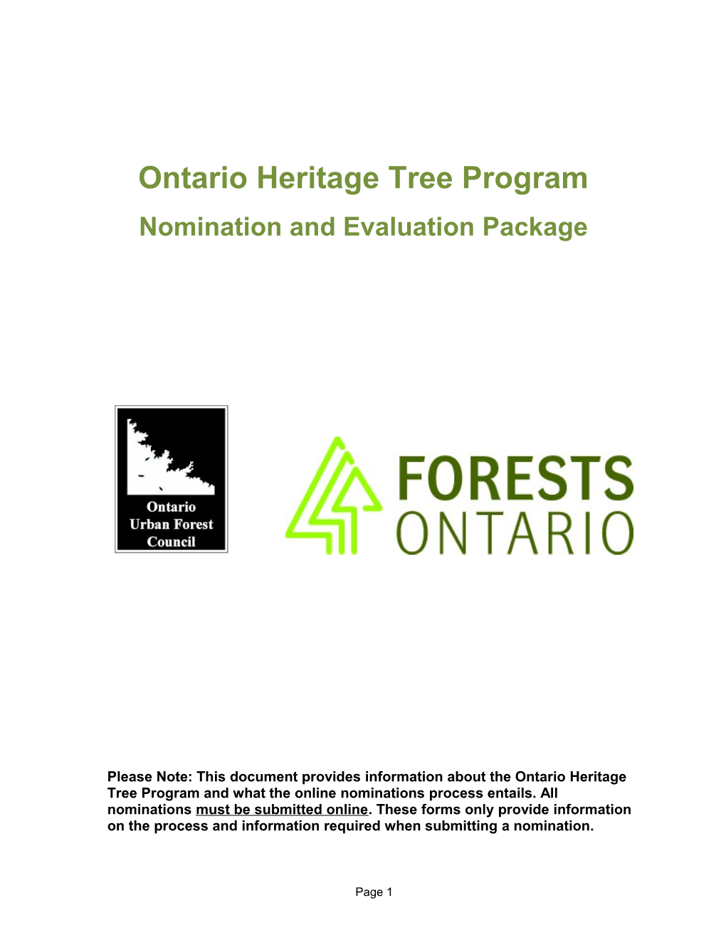 Please Note: This Document Provides Information About the Ontario Heritage Trees Program