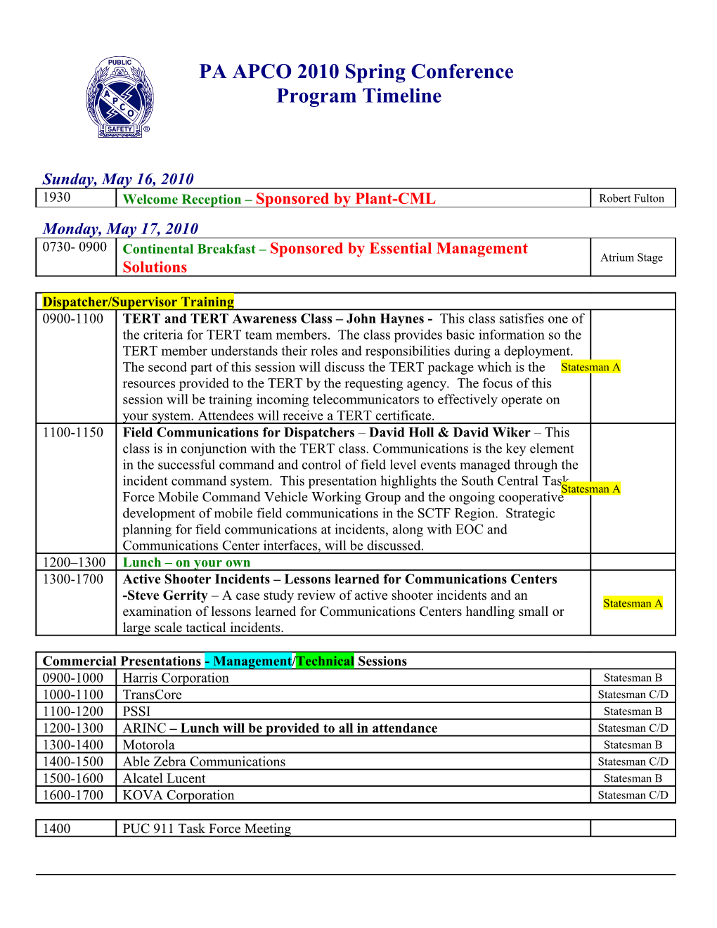 PA APCO 2005 Spring Conference Timeline