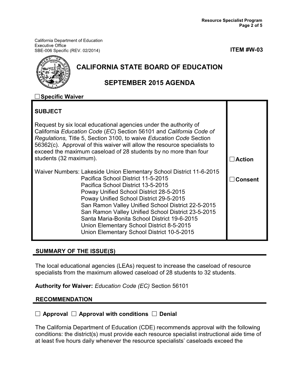 September 2015 Waiver Item W-03 - Meeting Agendas (CA State Board of Education)