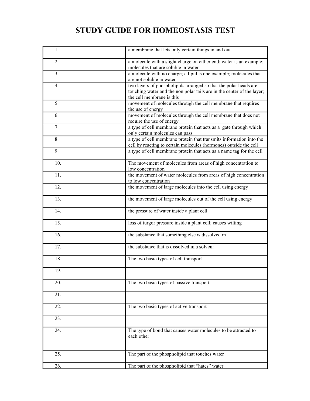 Study Guide Ofr Homeostasis Test