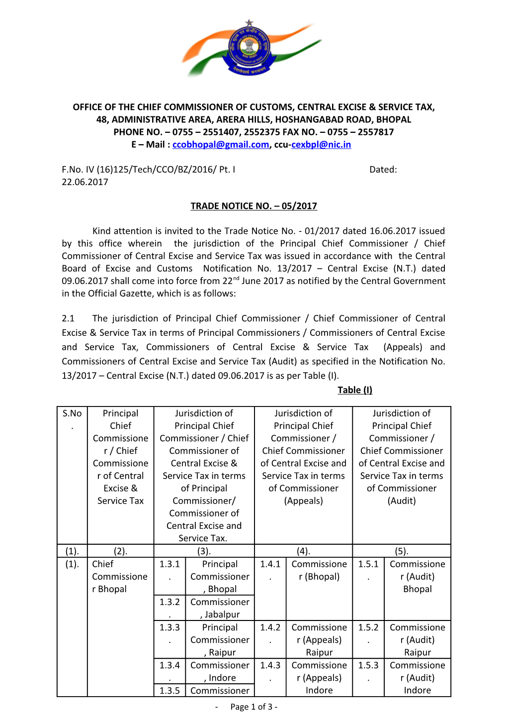 Office of the Chief Commissioner of Customs, Central Excise & Service Tax