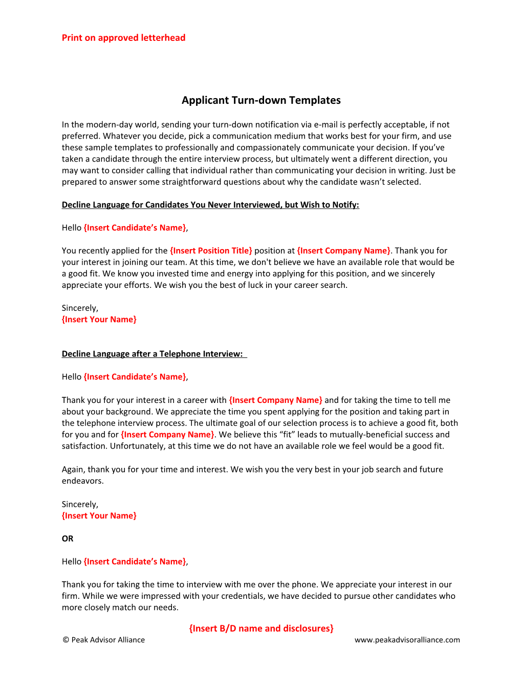 Applicant Turn-Down Templates