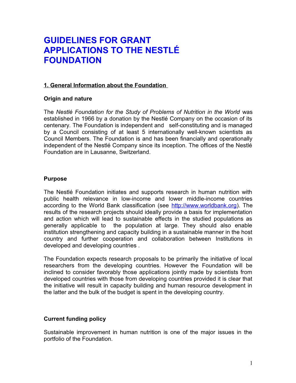 Guide for Grant Applications to the Nestlé Foundation