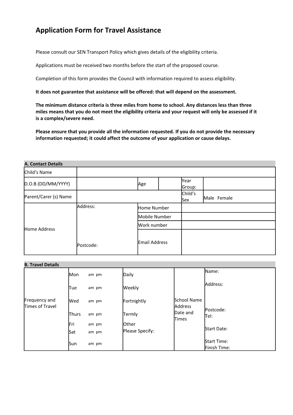 Application Form for Travel Assistance