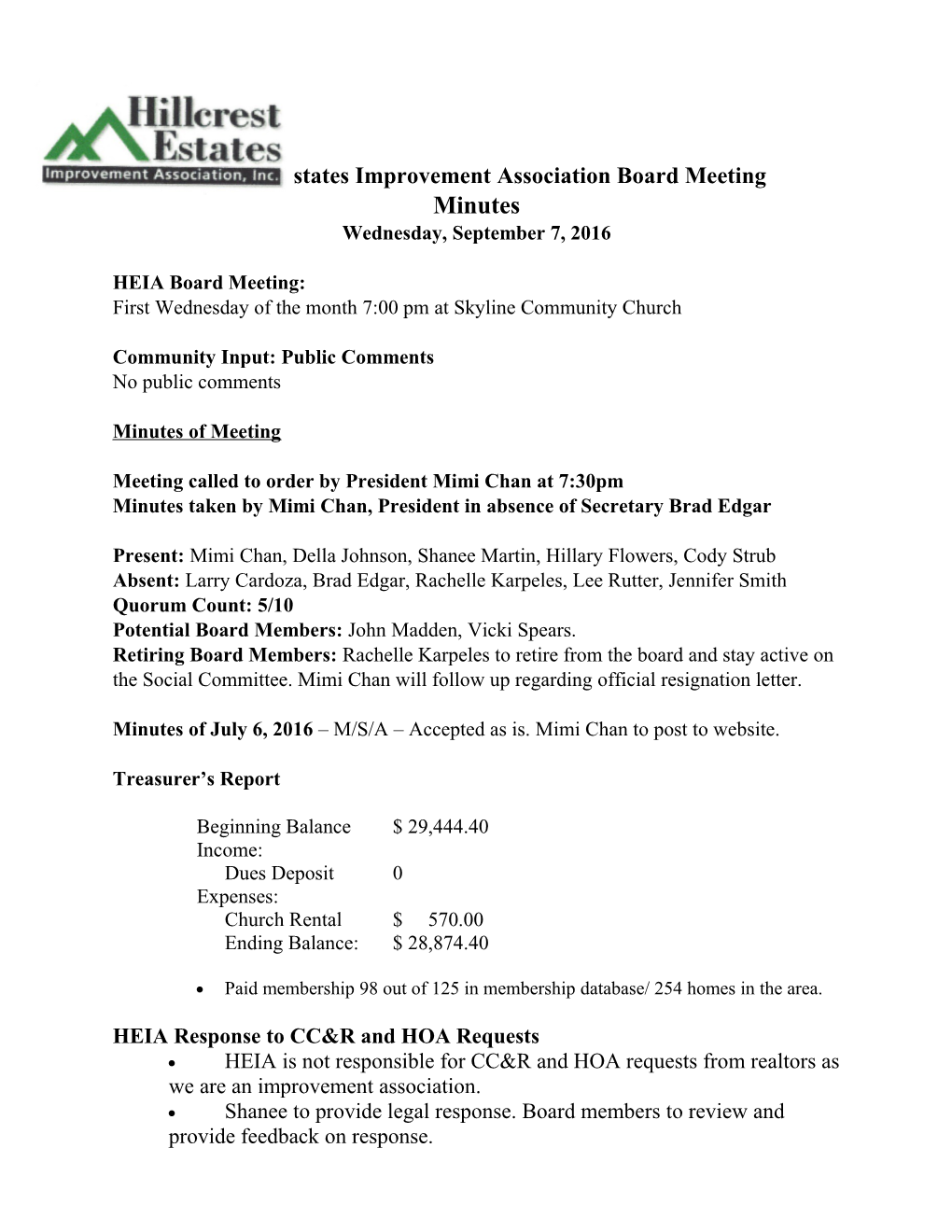 Hillcrest Estates Improvement Association Board Meeting