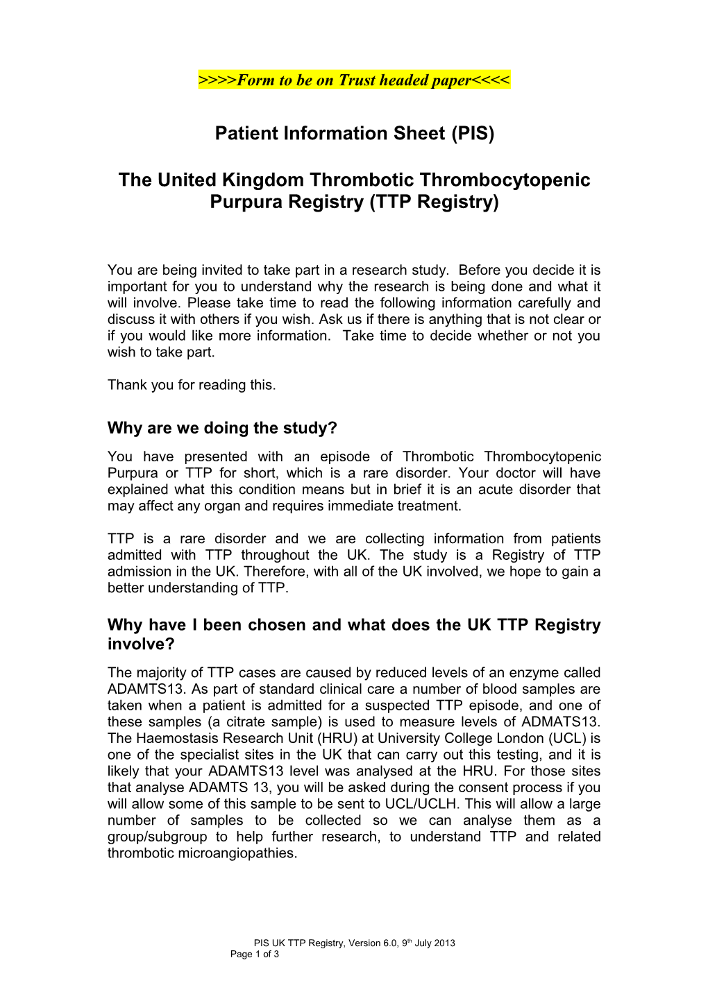 Adult TTP Patient - Patient Information Sheet