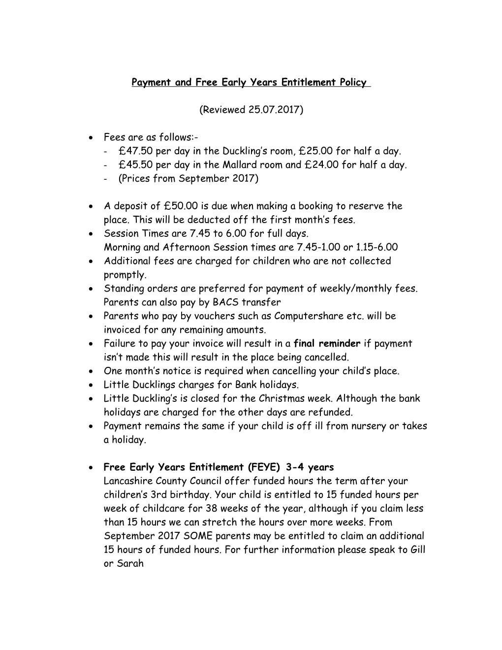 Payment and Free Early Years Entitlement Policy