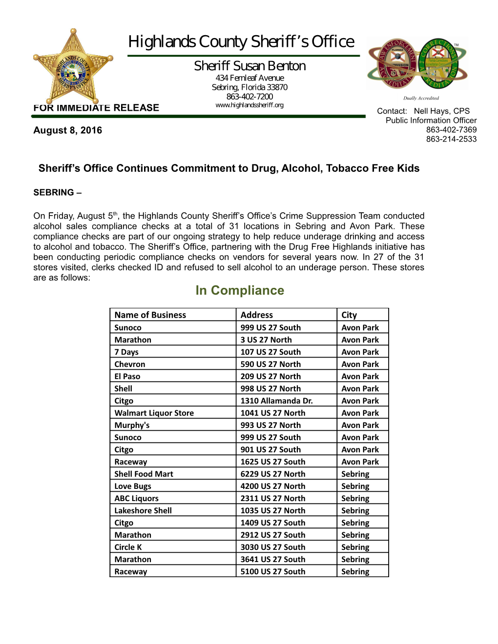 Sheriff S Office Continues Commitment to Drug, Alcohol, Tobacco Free Kids