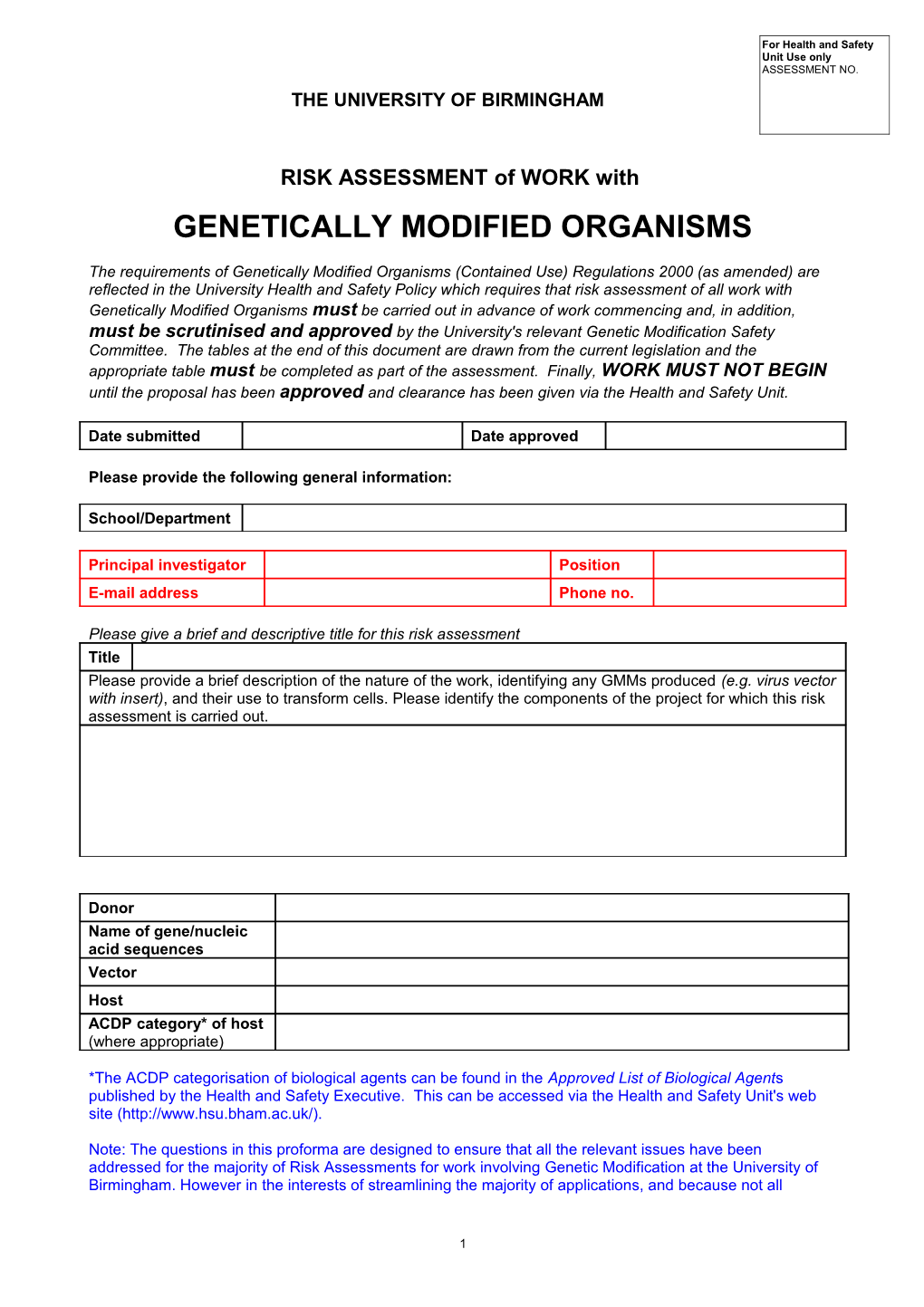 GM Risk Assessment Form