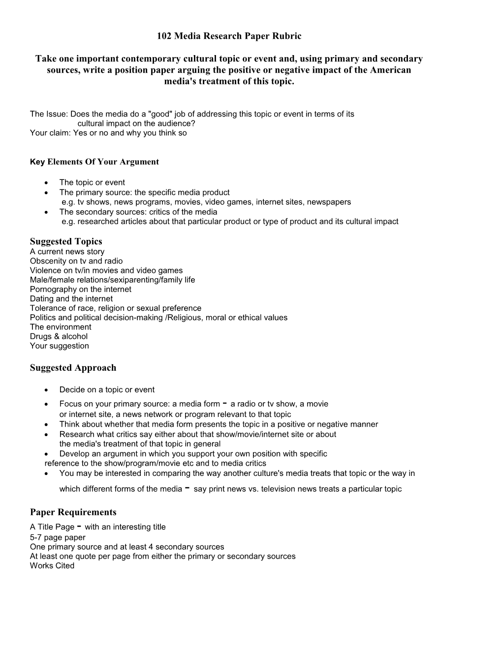 102 Media Research Paper Rubric