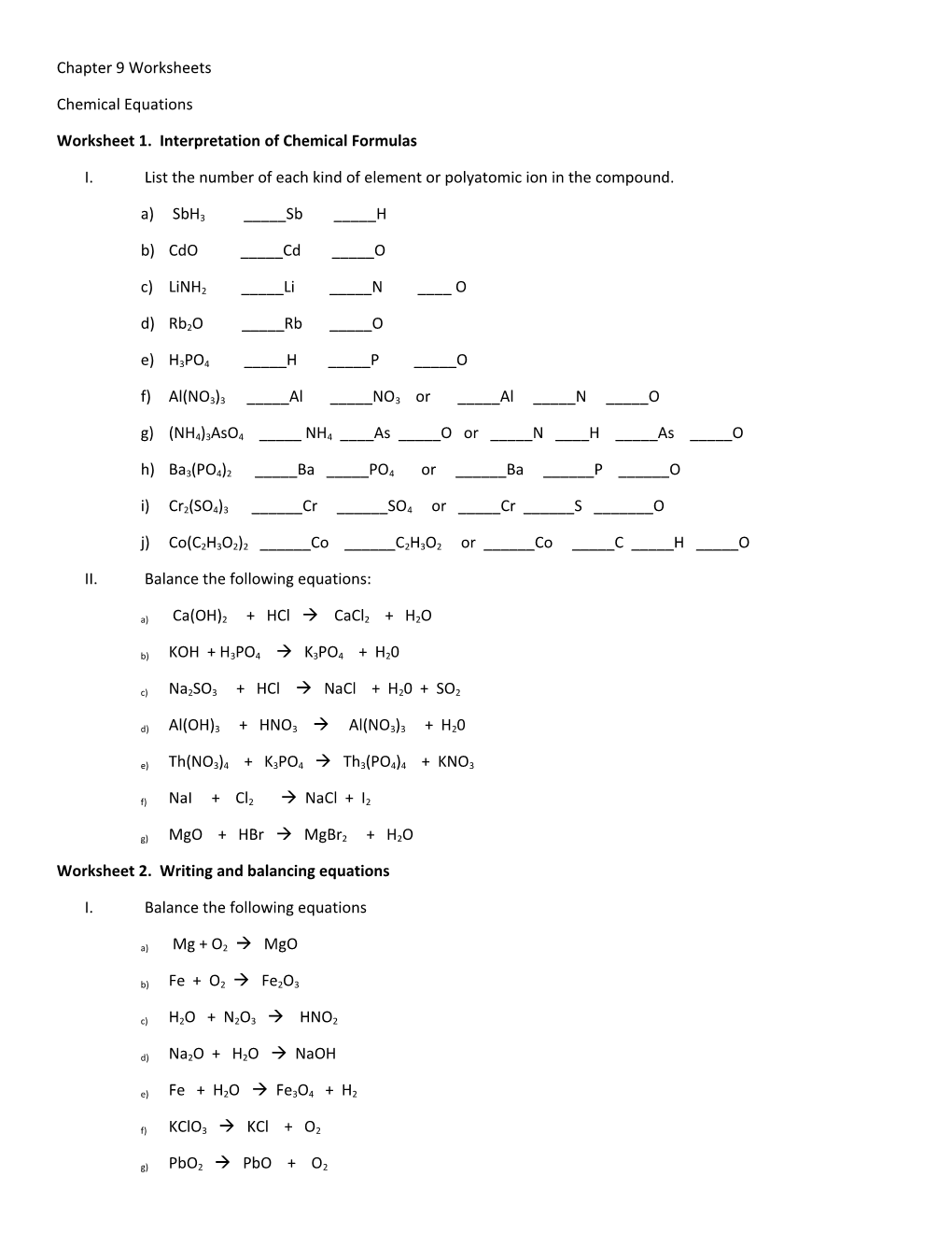 Worksheet 1. Interpretation of Chemical Formulas