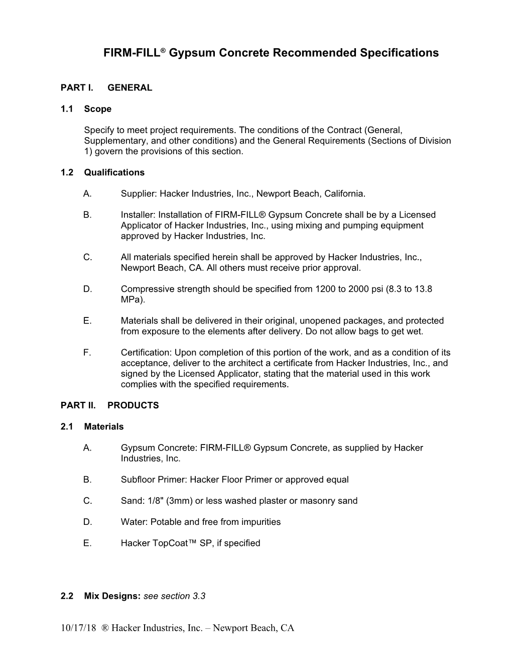 FIRM-FILL Gypsum Concrete Specifications