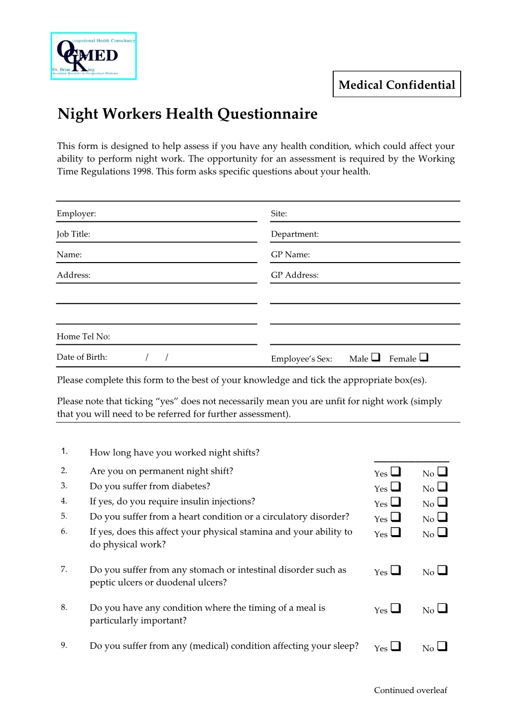 Night Workers Health Questionnaire