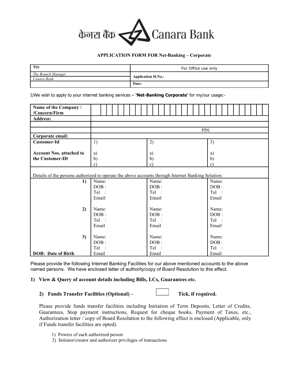 APPLICATION FORM for Net-Banking Corporate