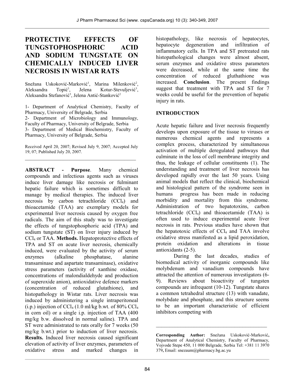 Protective Effects of Tungstophosphoric Acid and Sodium Tungstate on Chemically Induced