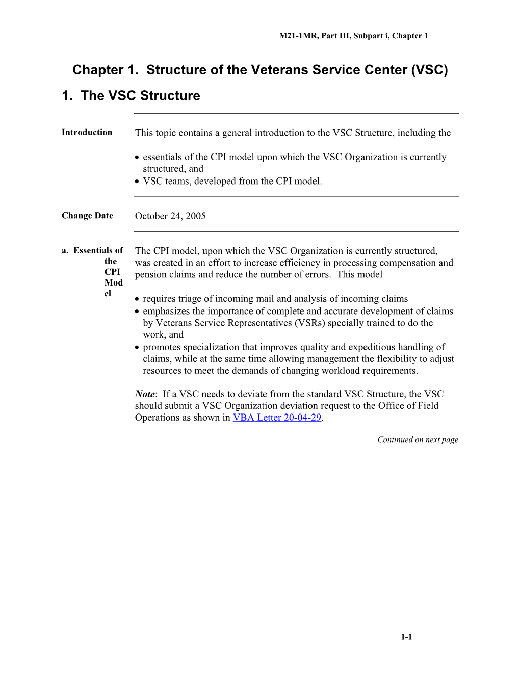 Part III, Subpart I, Chapter 1. Structure of the Veterans Service Center (VSC)