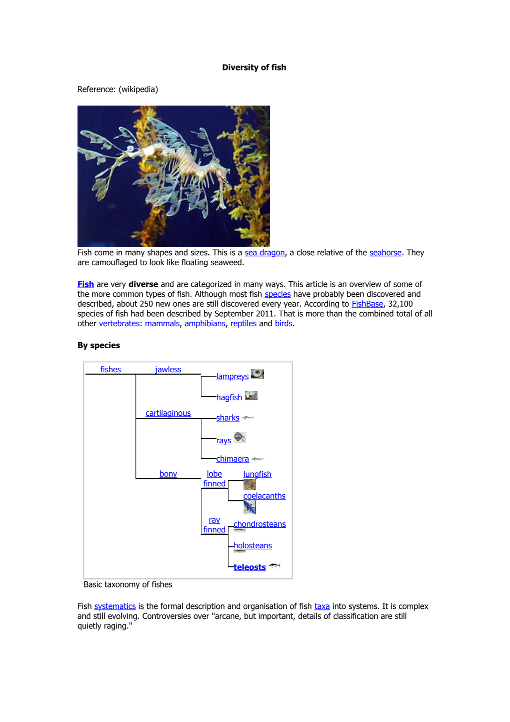 Diversity of Fish (Wikipedia)