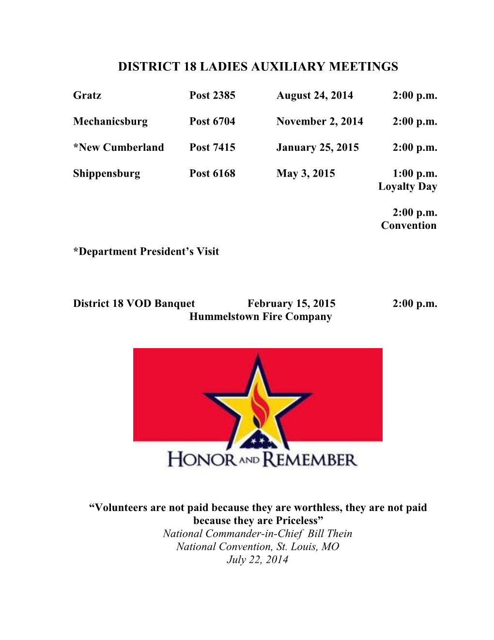 District 18 Ladies Auxiliary Meetings