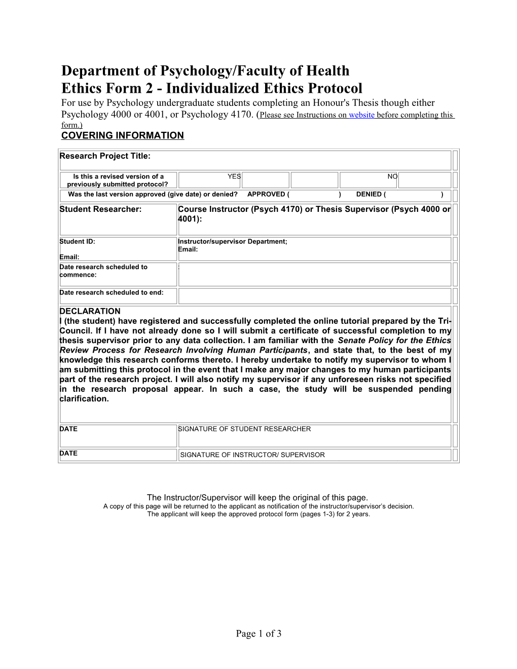 Form 2 for Honours Thesis Undergraduate Students