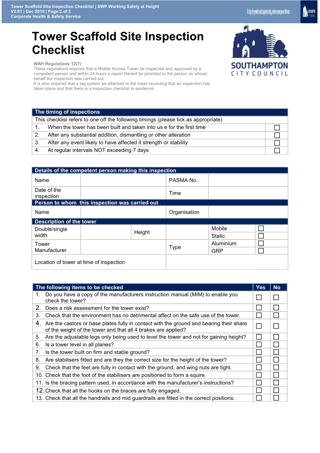 Inspection Checklist for Aluminium Tower Scaffolding