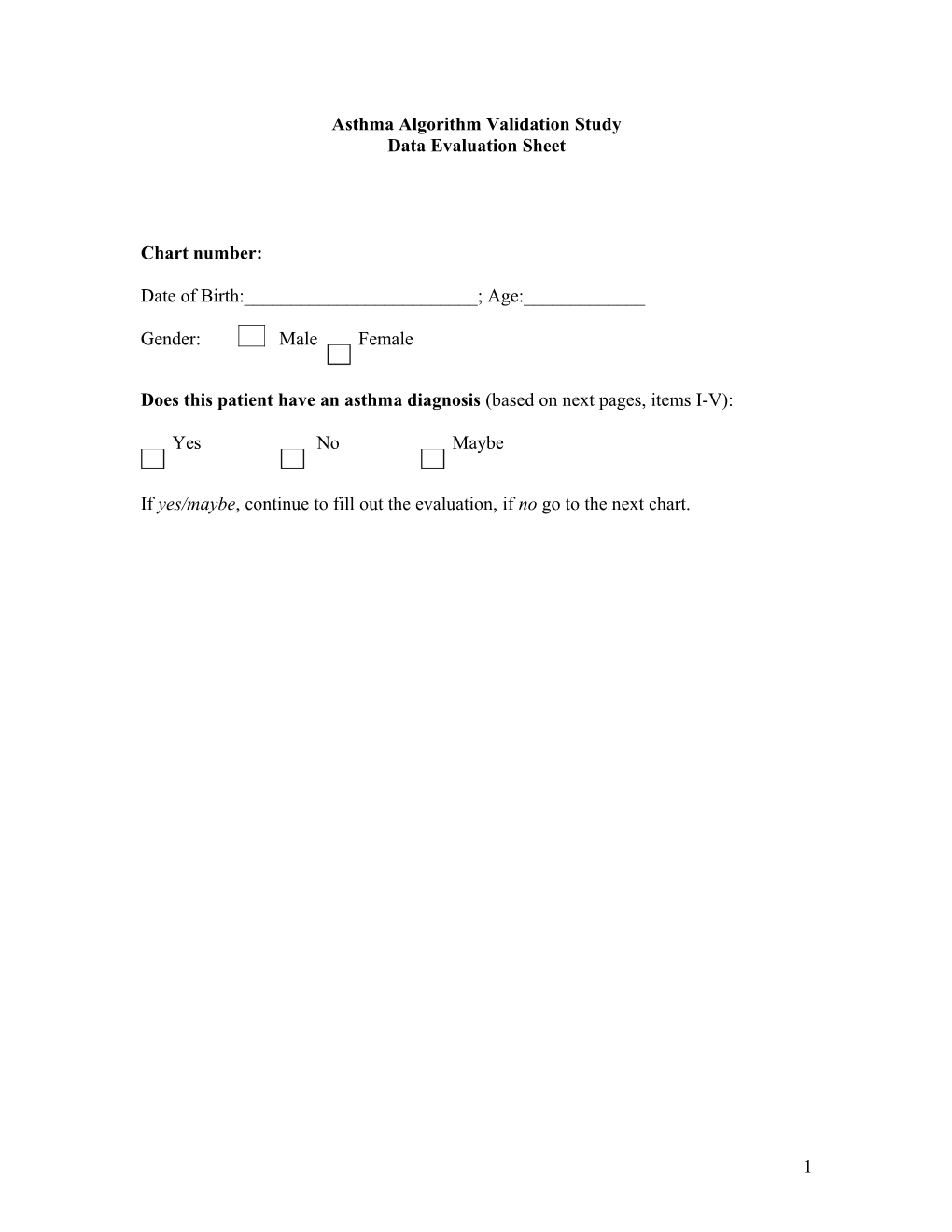 Asthma Algorithm Validation Study Data Evaluation Sheet