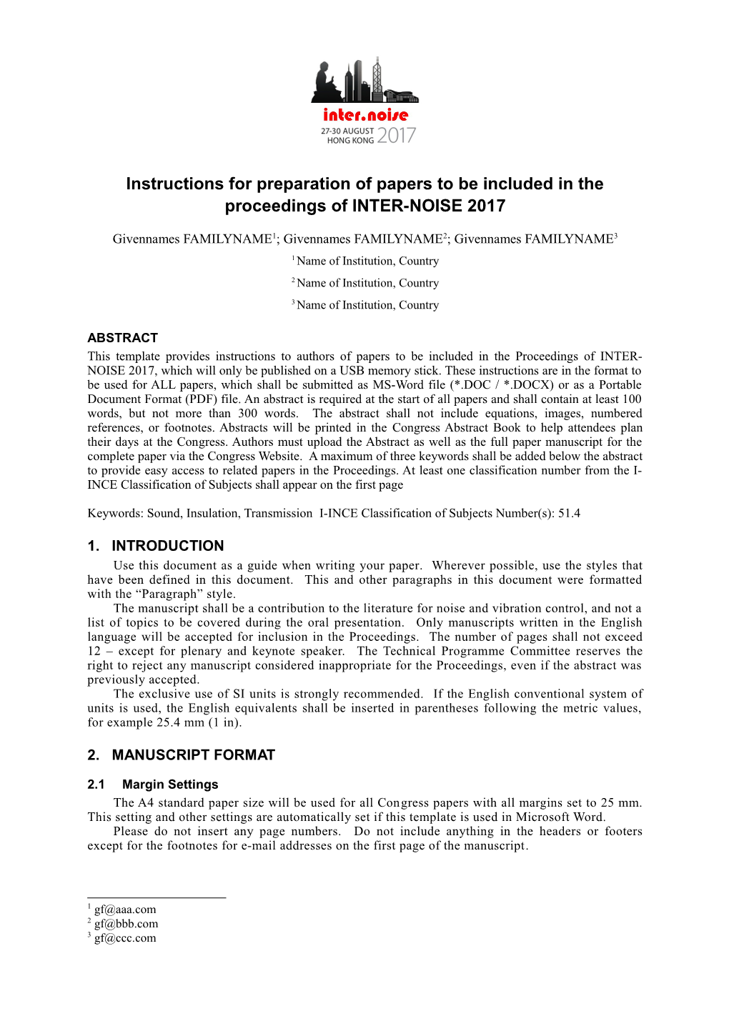 Instructions for Preparation of Papers to Be Included in the Proceedings of INTER-NOISE 2017