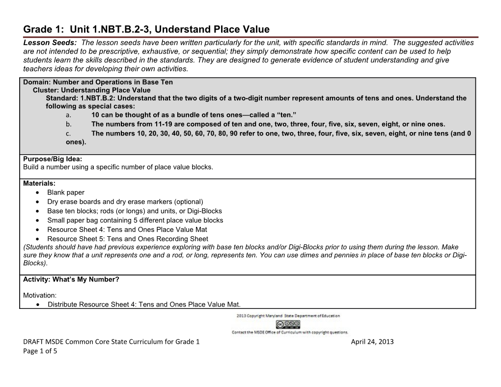 Grade 1: Unit 1.NBT.B.2-3, Understand Place Value