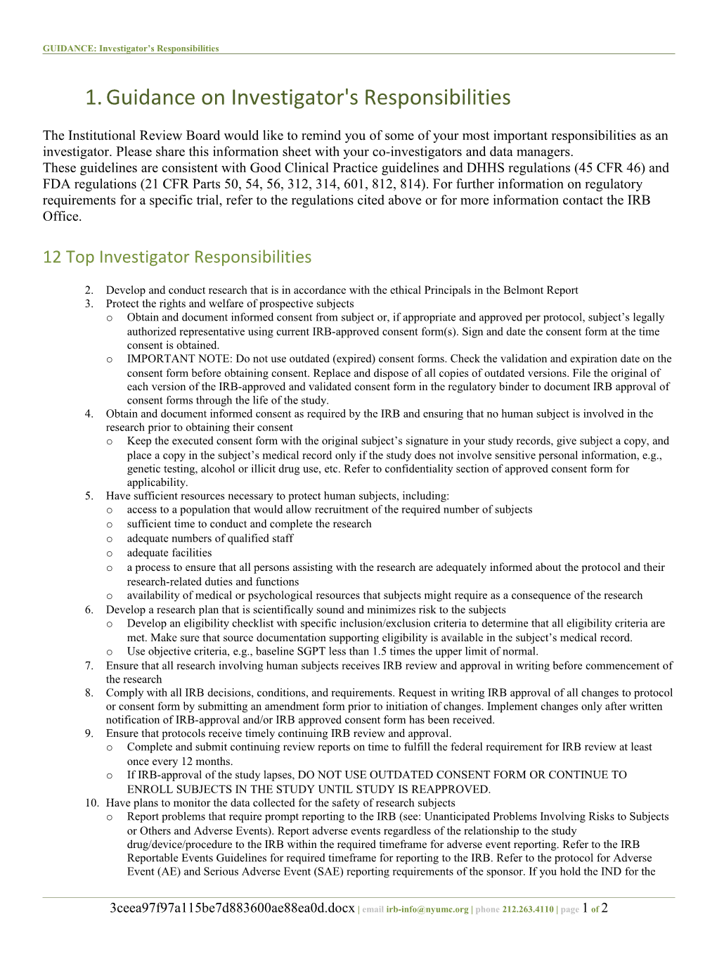 GUIDANCE: Investigator S Responsibilities