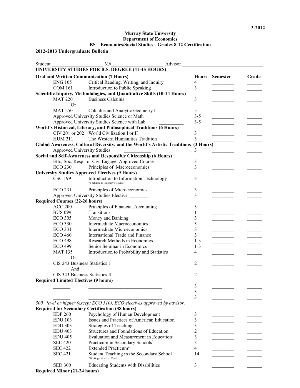 BS Economics/Social Studies - Grades 8-12Certification