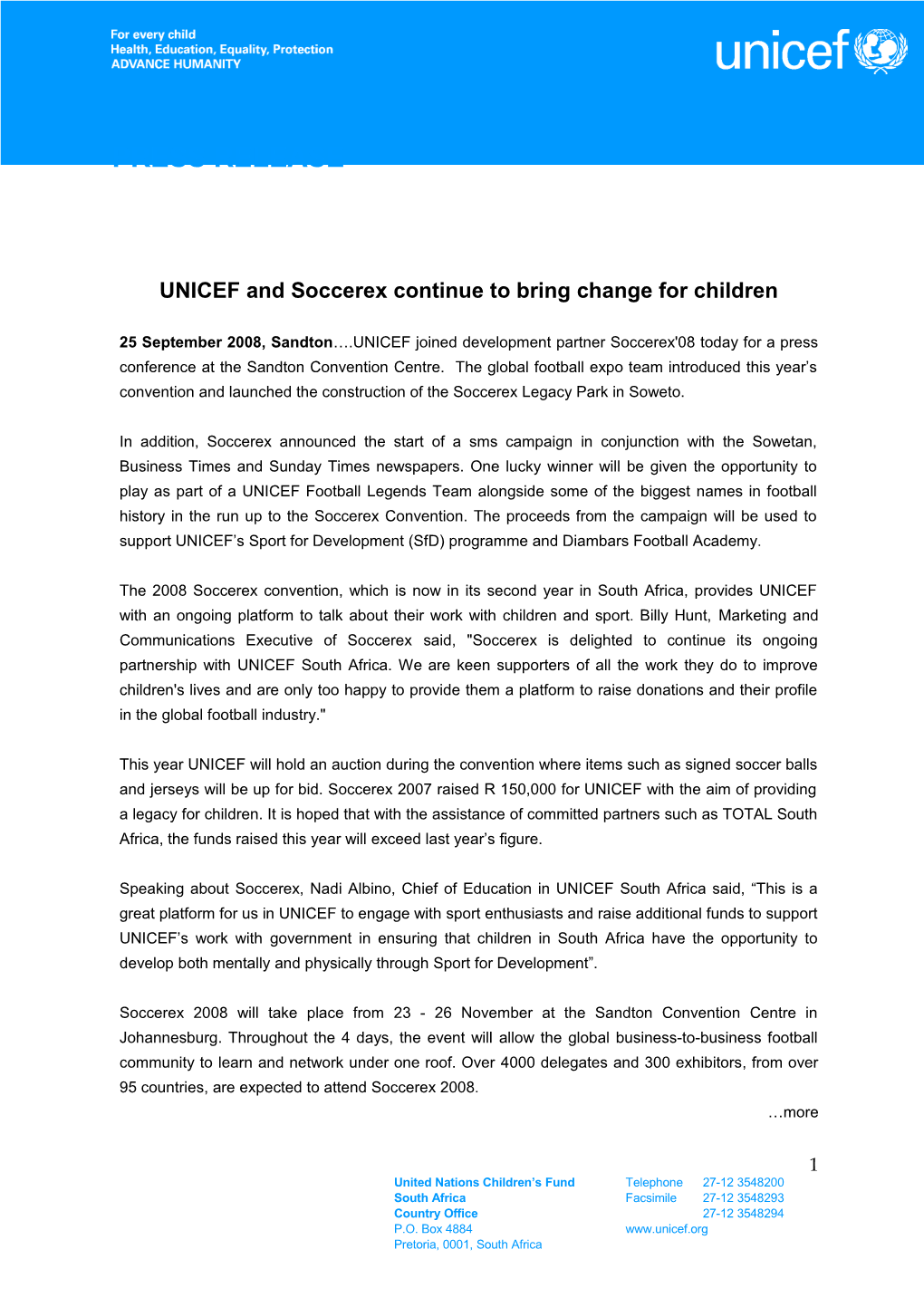 UNICEF and Soccerex Continue to Bring Change for Children