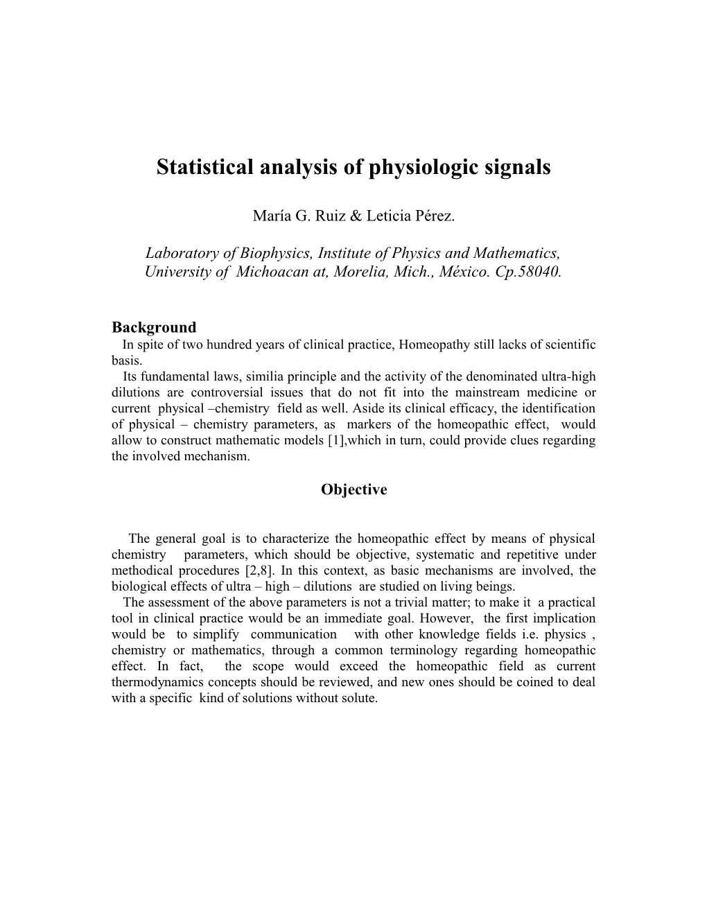 Statistical Analysis of Physiologic Signals