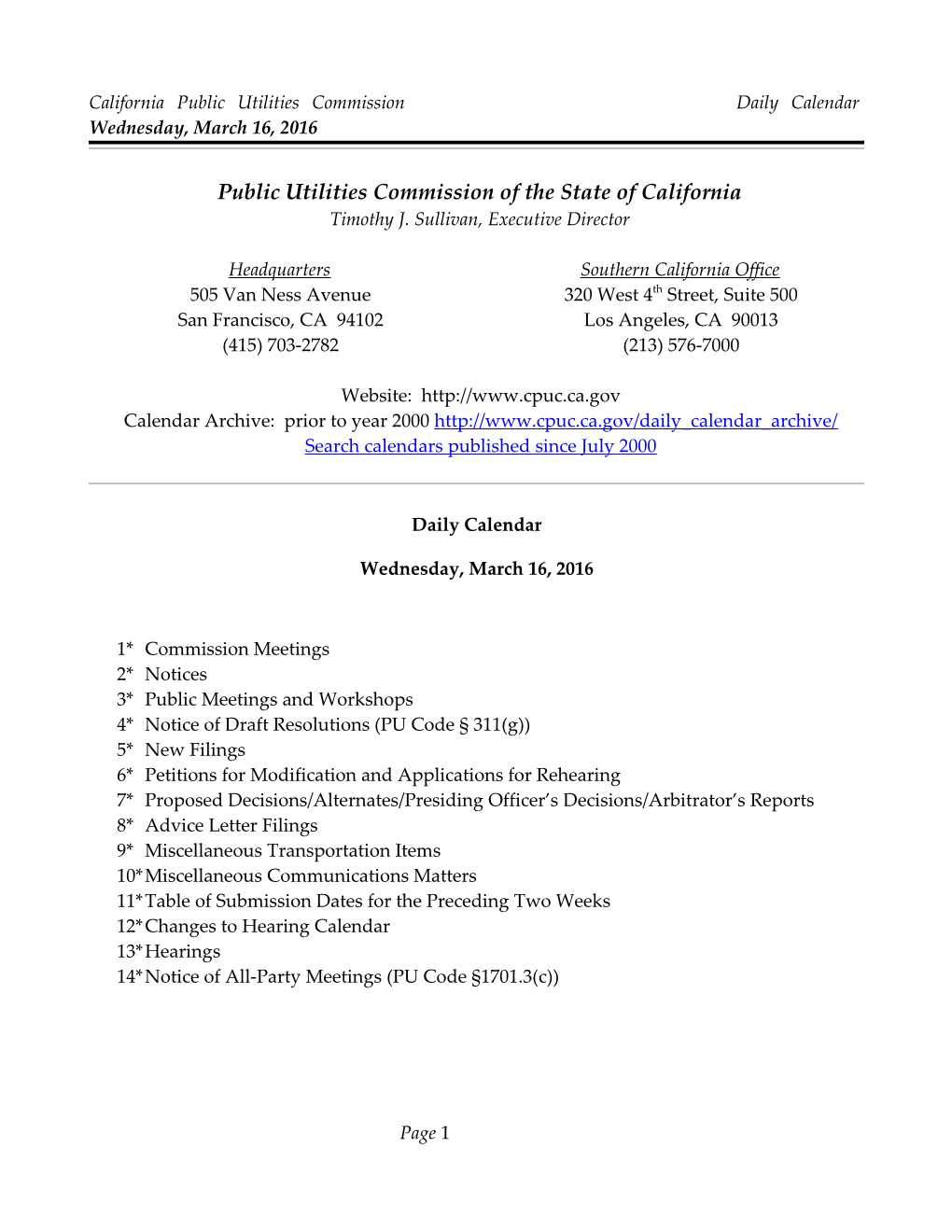 California Public Utilities Commission Daily Calendar Wednesday, March 16, 2016