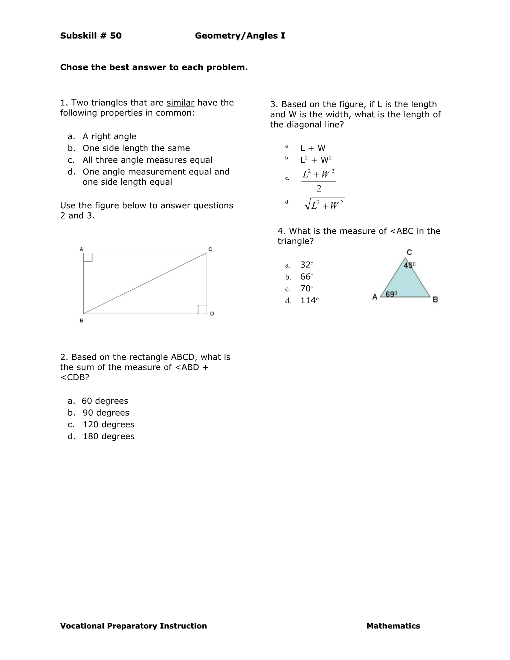 Chose the Best Answer to Each Problem