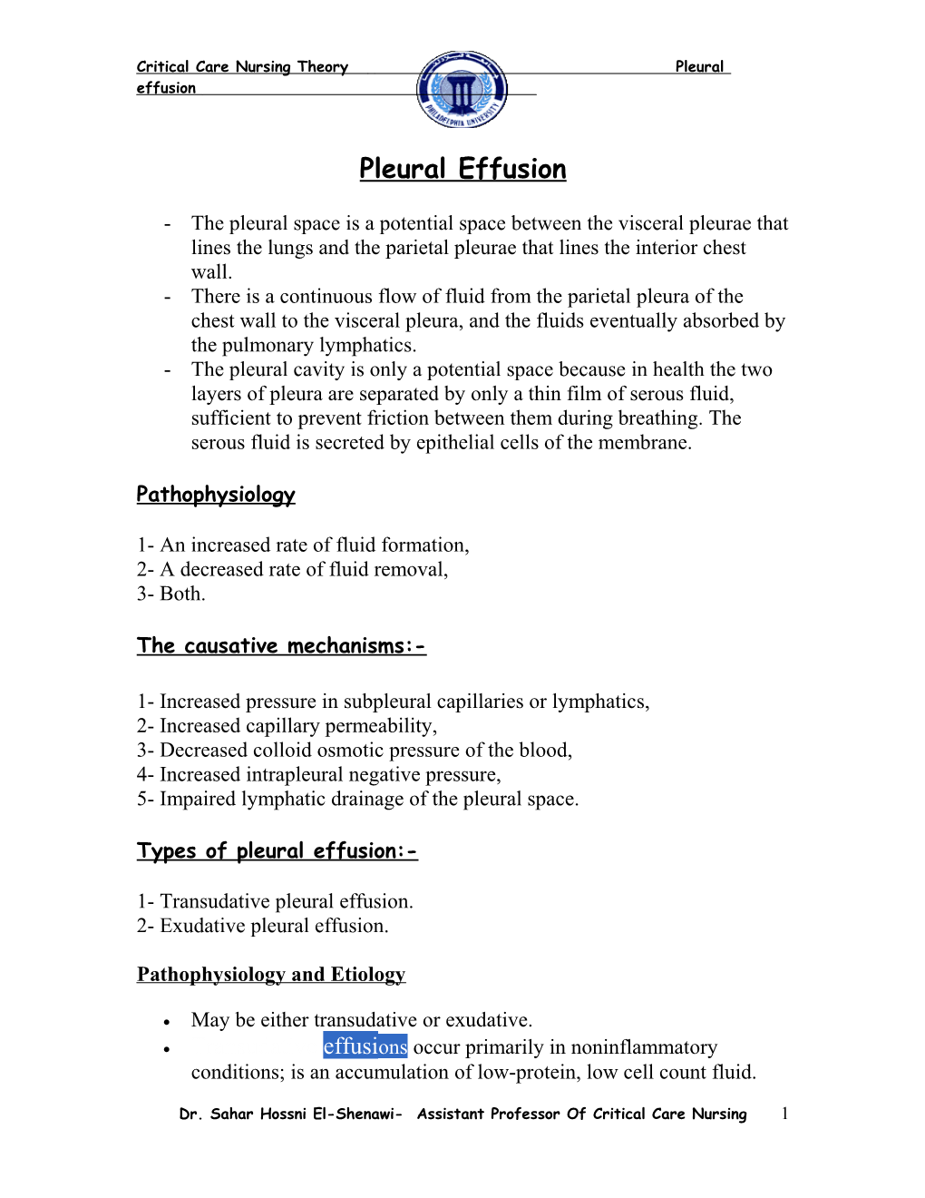 Critical Care Nursing Theory Pleural Effusion