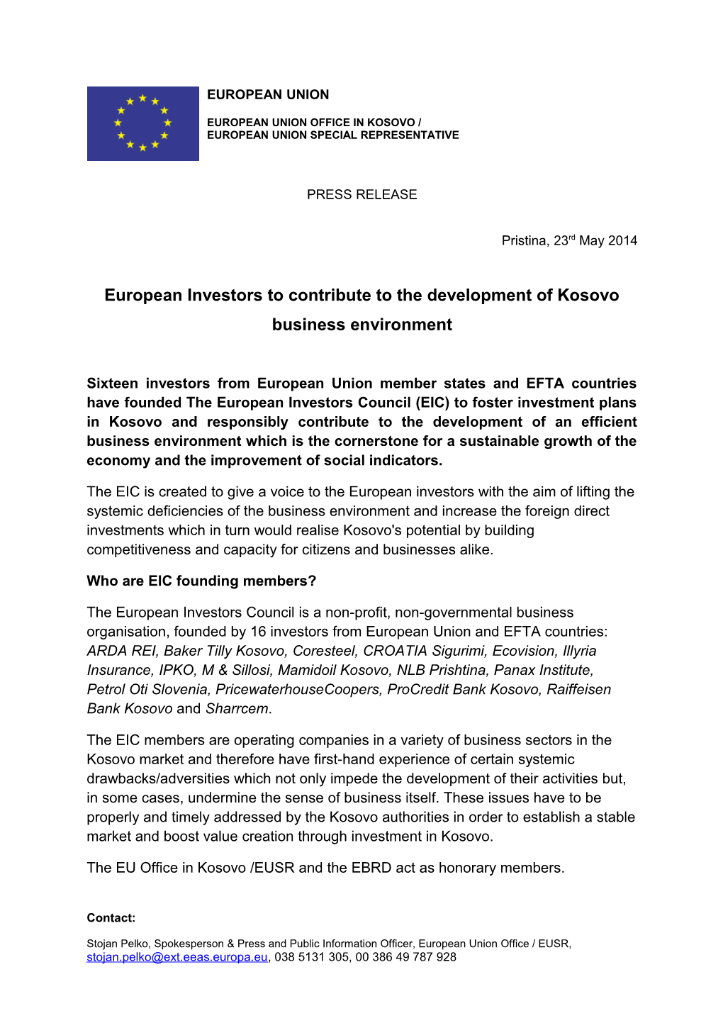 European Investors to Contribute to the Development of Kosovo Business Environment