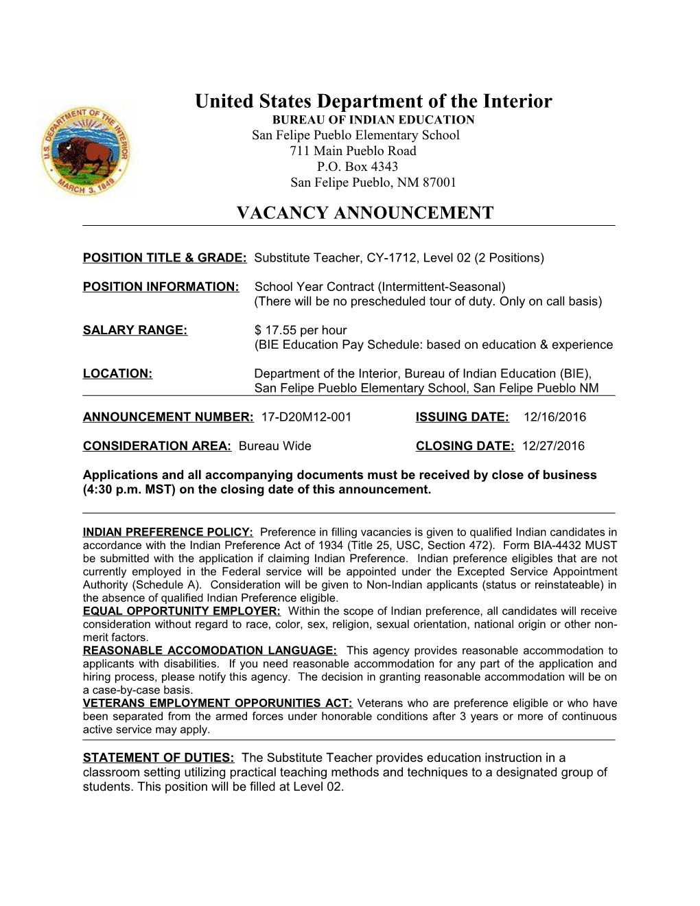 POSITION TITLE & GRADE: Substitute Teacher, CY-1712, Level 02(2 Positions)