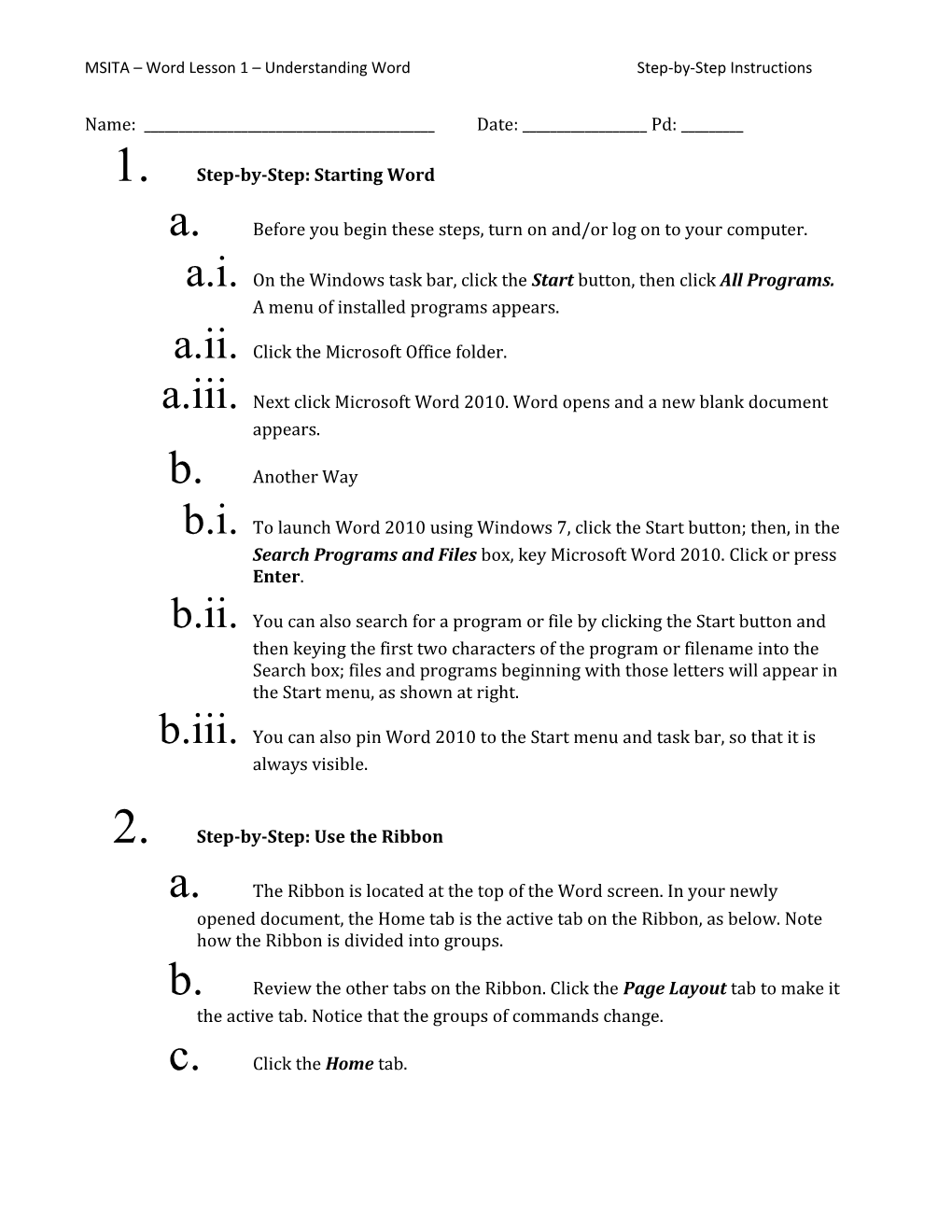 MSITA Word Lesson 1 Understanding Wordstep-By-Step Instructions