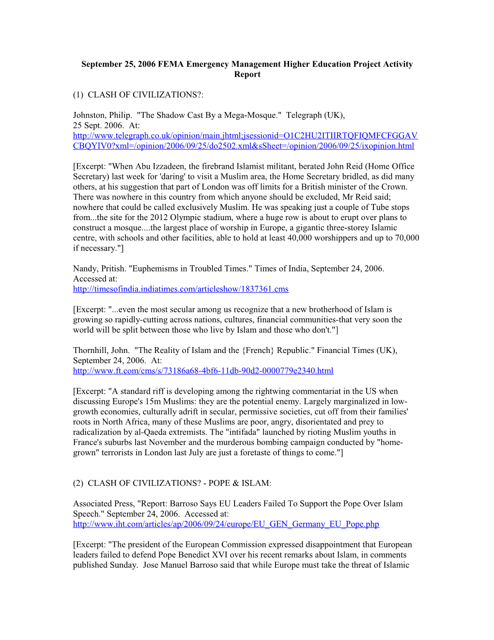 September 25, 2006 FEMA Emergency Management Higher Education Project Activity Report