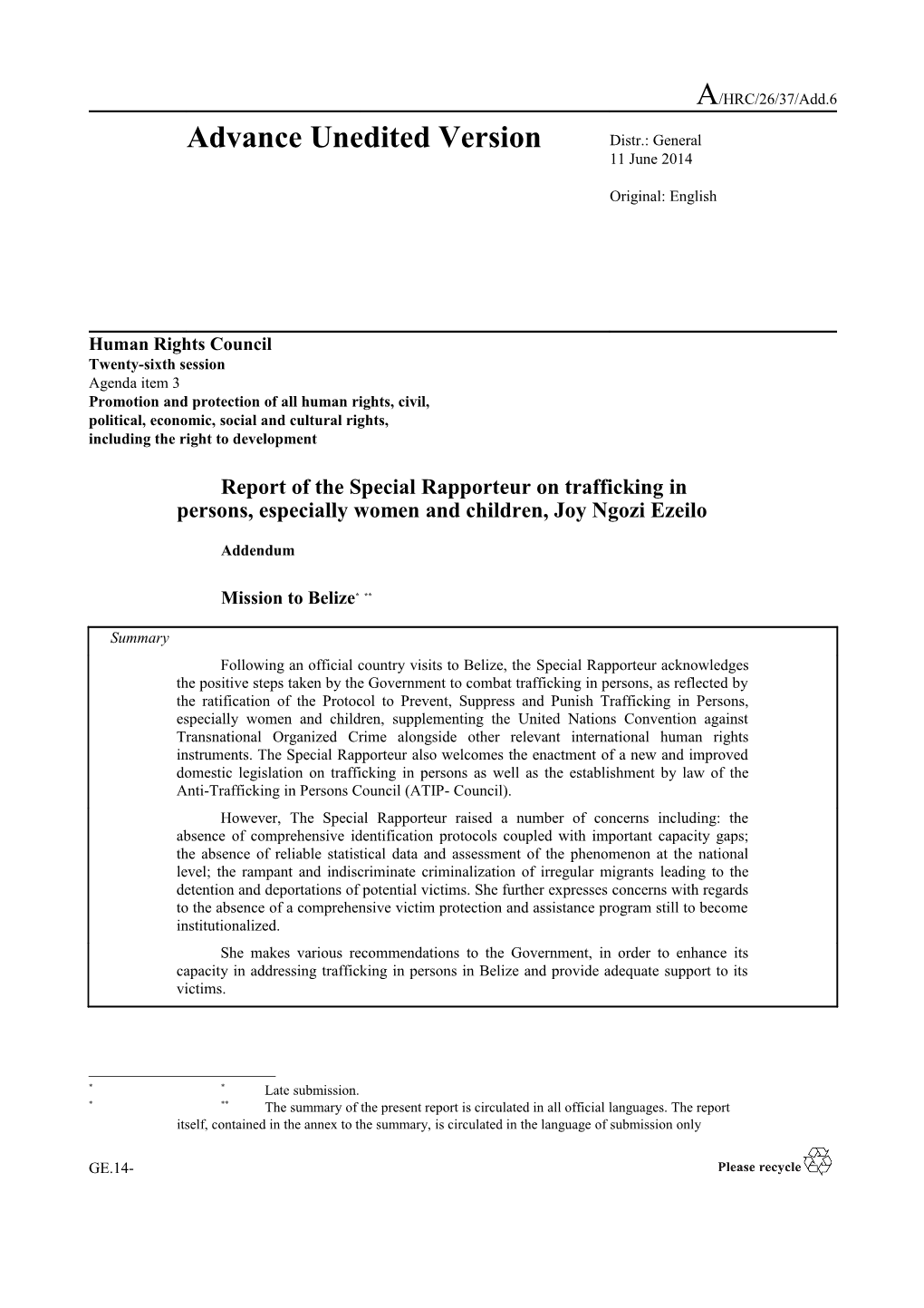 Report of the Special Rapporteur on Trafficking - Mission to Belize in English