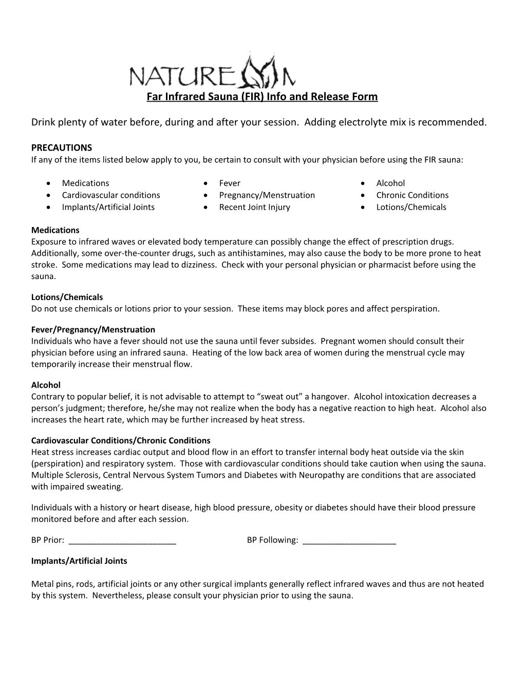 Far Infrared Sauna (FIR) Info and Release Form