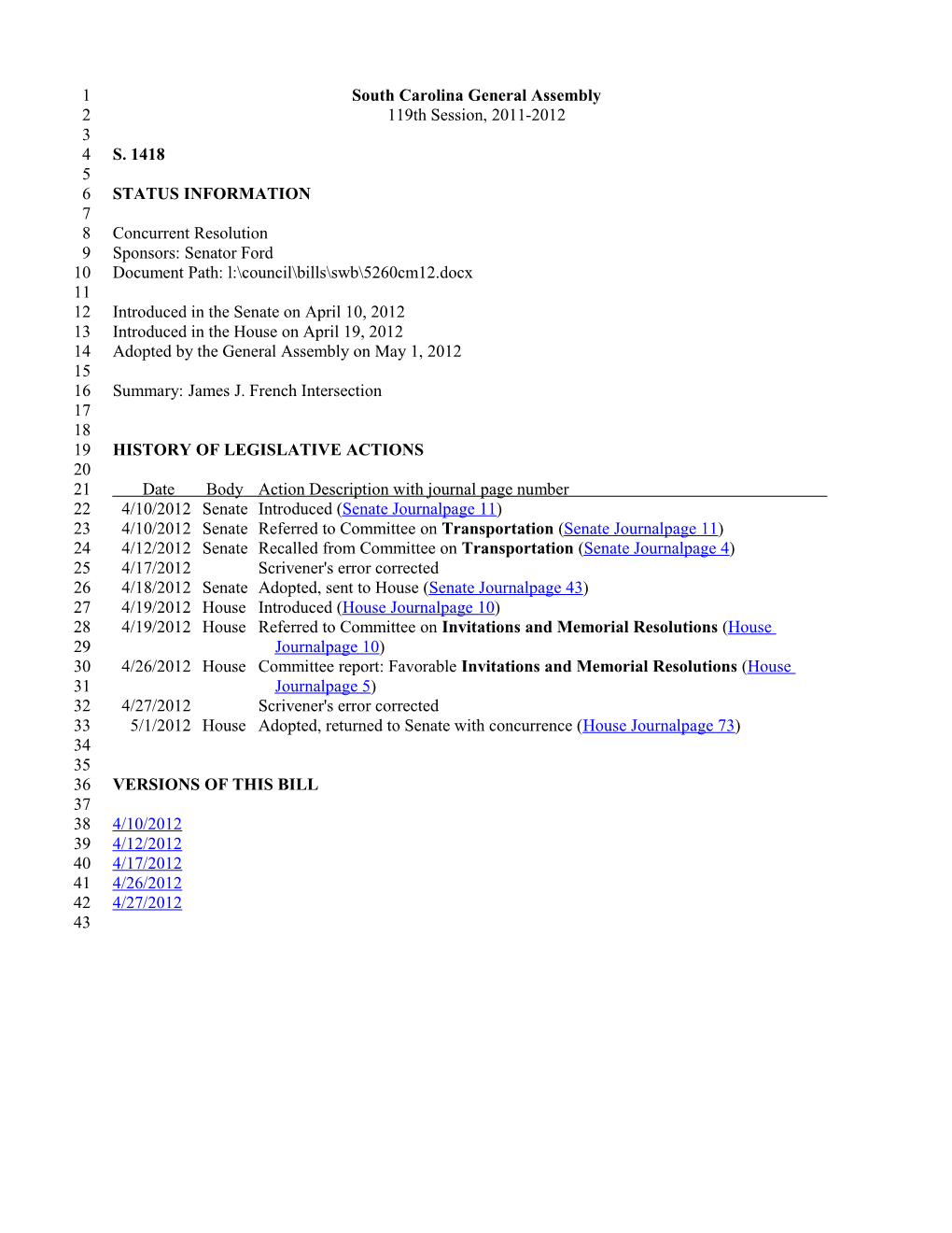 2011-2012 Bill 1418: James J. French Intersection - South Carolina Legislature Online