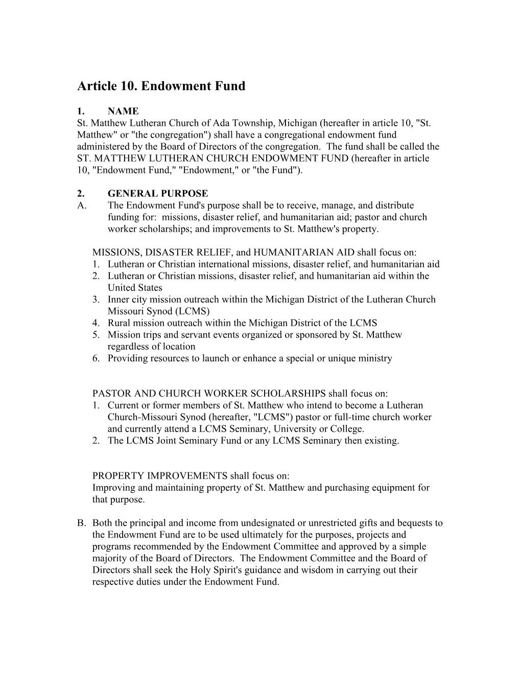 Sample Bylaws for a Congregational Endowment Fund